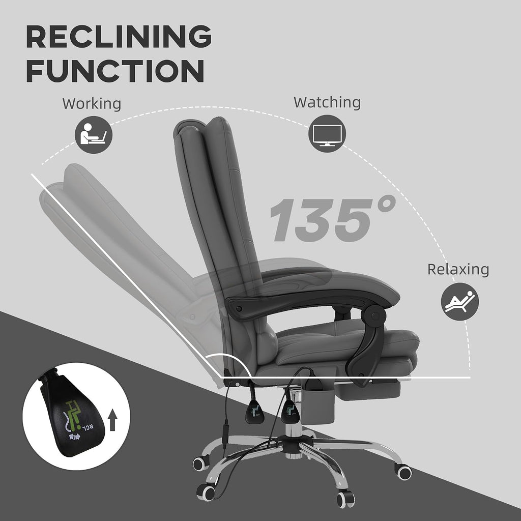 Vinsetto Executive Massage Office Chair with 4 Vibration and Heat, 3 Modes, PU Leather Swivel Chair with Adjustable Height, Reclining Back, and Footrest, Gray