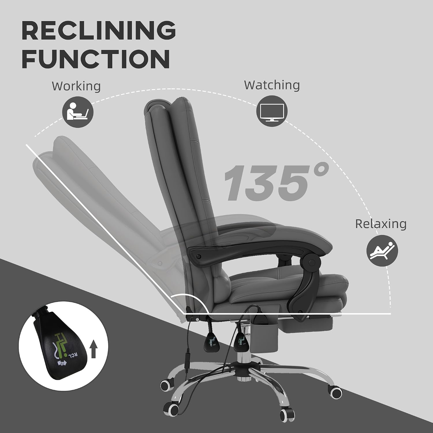 Vinsetto Executive Massage Office Chair with 4 Vibration and Heat, 3 Modes, PU Leather Swivel Chair with Adjustable Height, Reclining Back, and Footrest, Gray