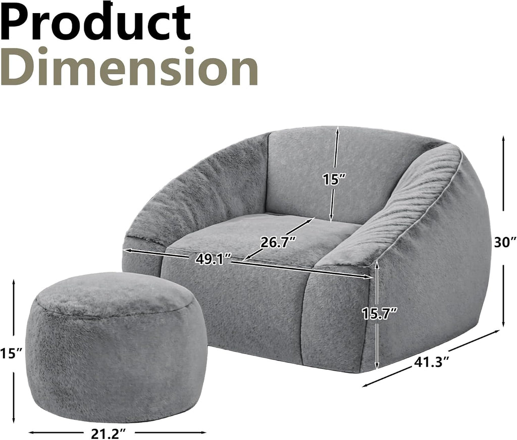 Bean Bag Chairs with Ottoman for Adults, Comfy Beanbag Chair with High-Resilience Foam, Oversized Bean Bag Sofa with Soft Faux Fur Fabric, Bean Bag Chair for Living Room,Bedroom,Dark Grey