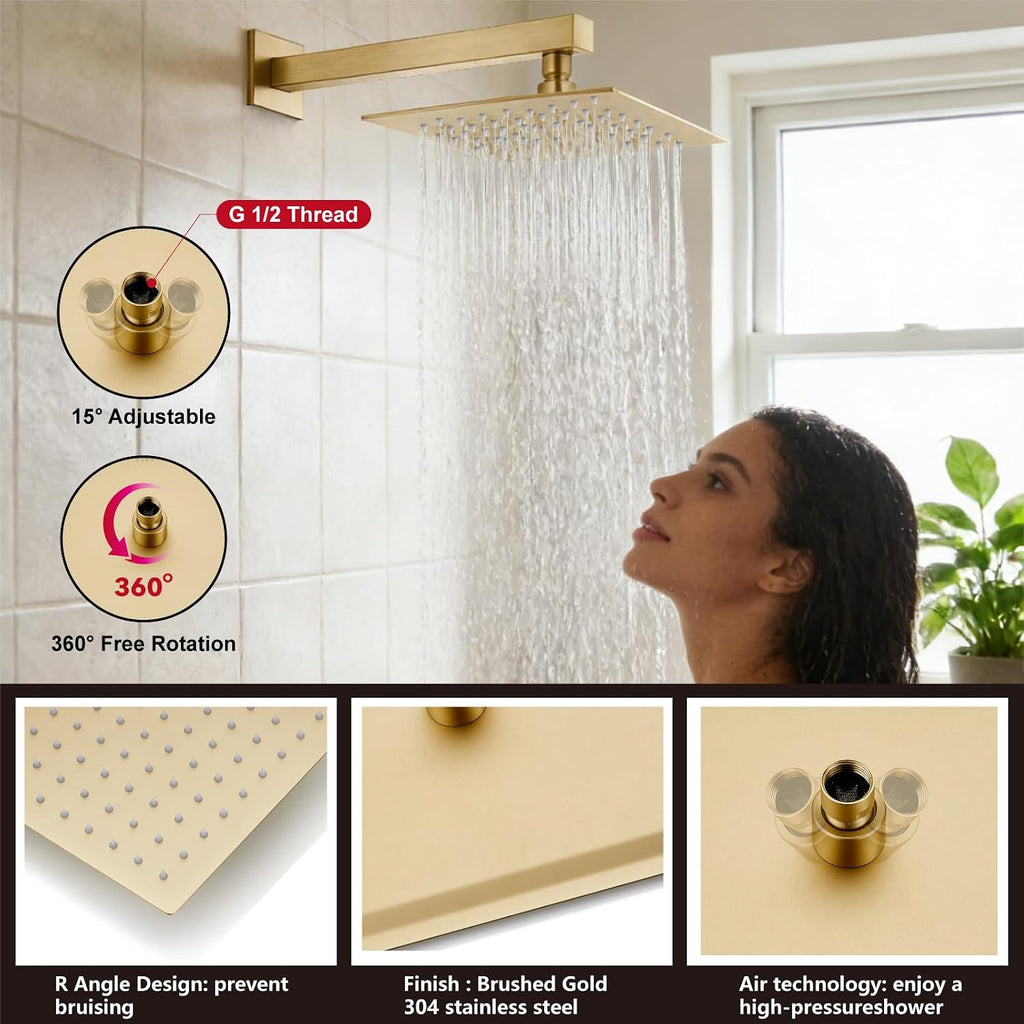 Midanya Shower System with Tub Spout,Bathtub Shower Faucet Set with Square Rainfall Head and Handheld Sprayer Wall Mount Tub Faucet Set with Valve and Trim Kit,12 Inch Brushed Gold