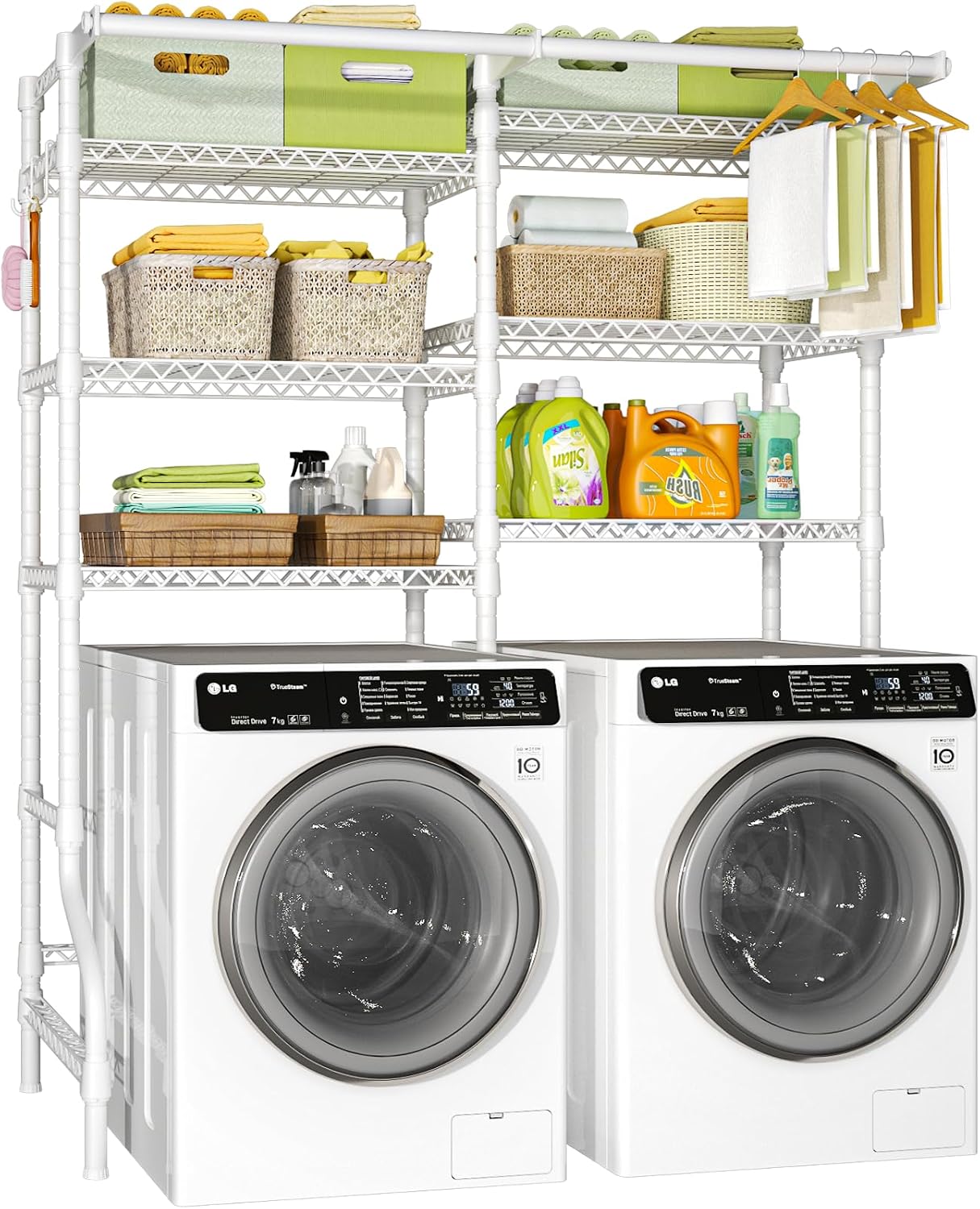 Ulif U13 Over Washer and Dryer Storage Shelves, 6 Tiers Laundry Room Standing Shelf with 2 Hanger Rods, Space Saver Clothes Drying Rack, 63.4' W x 22' D x 77.4' H, White