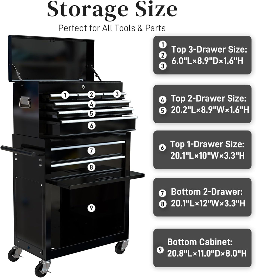 High Capacity Rolling Tool Chest with 8-Drawer Tool Box on Wheels Multifunctional Tool Cart Mechanic Tool Storage Cabinet for Garage, Warehouse, Workshop, Repair Shop (Black)