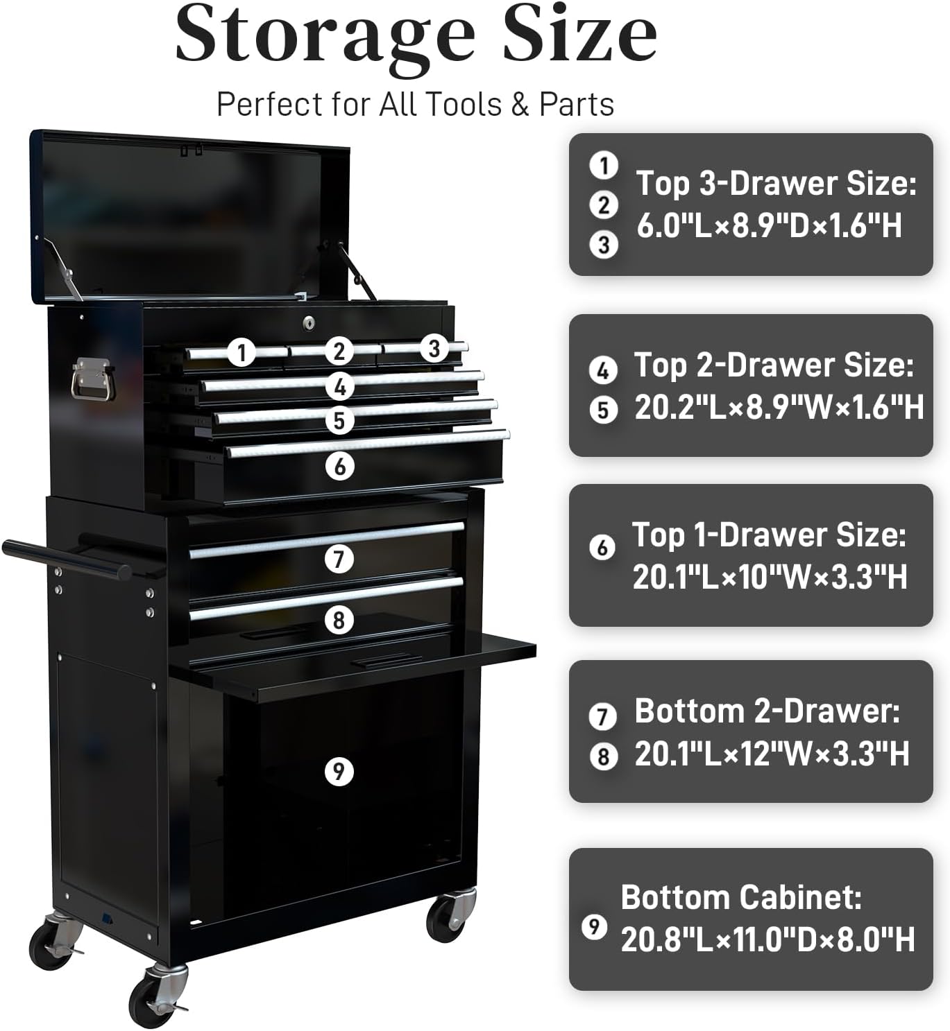 High Capacity Rolling Tool Chest with 8-Drawer Tool Box on Wheels Multifunctional Tool Cart Mechanic Tool Storage Cabinet for Garage, Warehouse, Workshop, Repair Shop (Black)