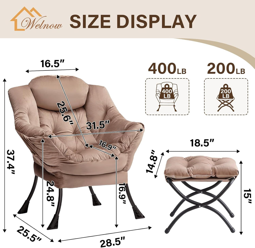 Welnow Lazy Chair with Ottoman, Modern Accent Chair with Armrests and a Side Pocket, Leisure Sofa Chair Set, Reading Chair with Footrest for Small Space, Corner Chair, Dark Brown