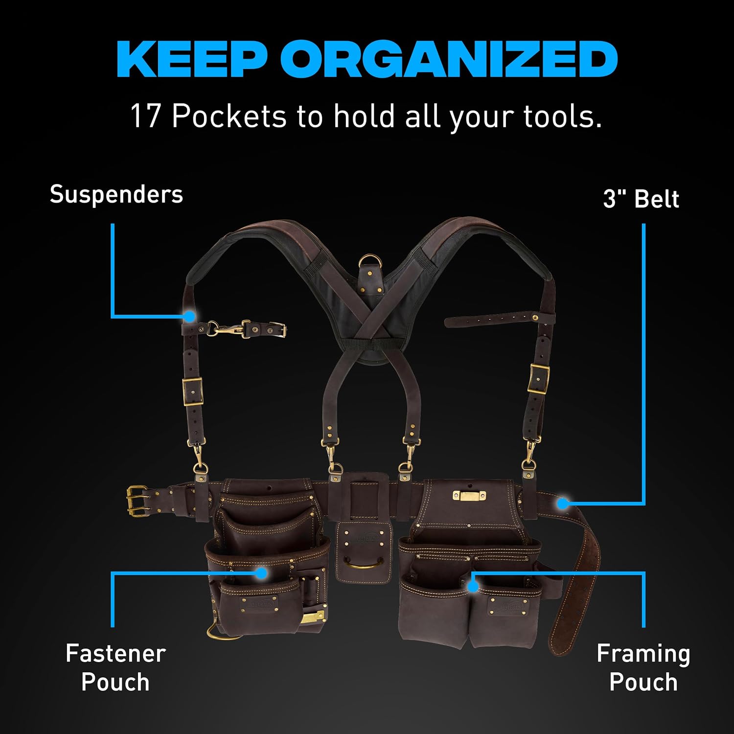 Ox Pro Carpenter Tool Belt - 22-Pocket Leather Tool Belt Pouches - Small Belt made of Oil-Tanned Leather with Double-Stitching and Steel Rivets - OX-P263606