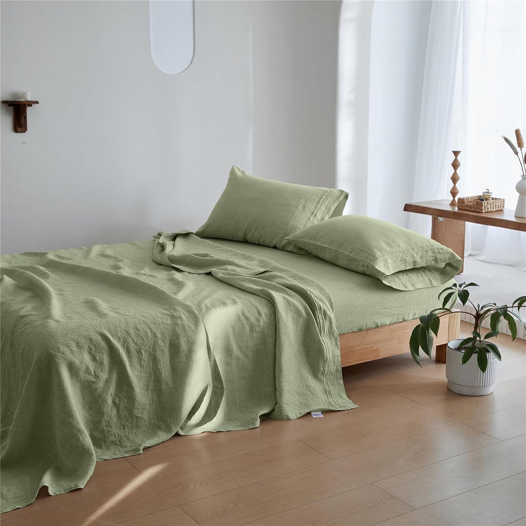 Simple&Opulence 100% Linen Sheet Set 4 Pieces Natural France Flax Bed Sheet (1 Flat Sheet, 1 Fitted Sheet, 2 Pillowcases) Breathable Luxury Hotel Bedding - Embroidery Sage Green, Queen Size