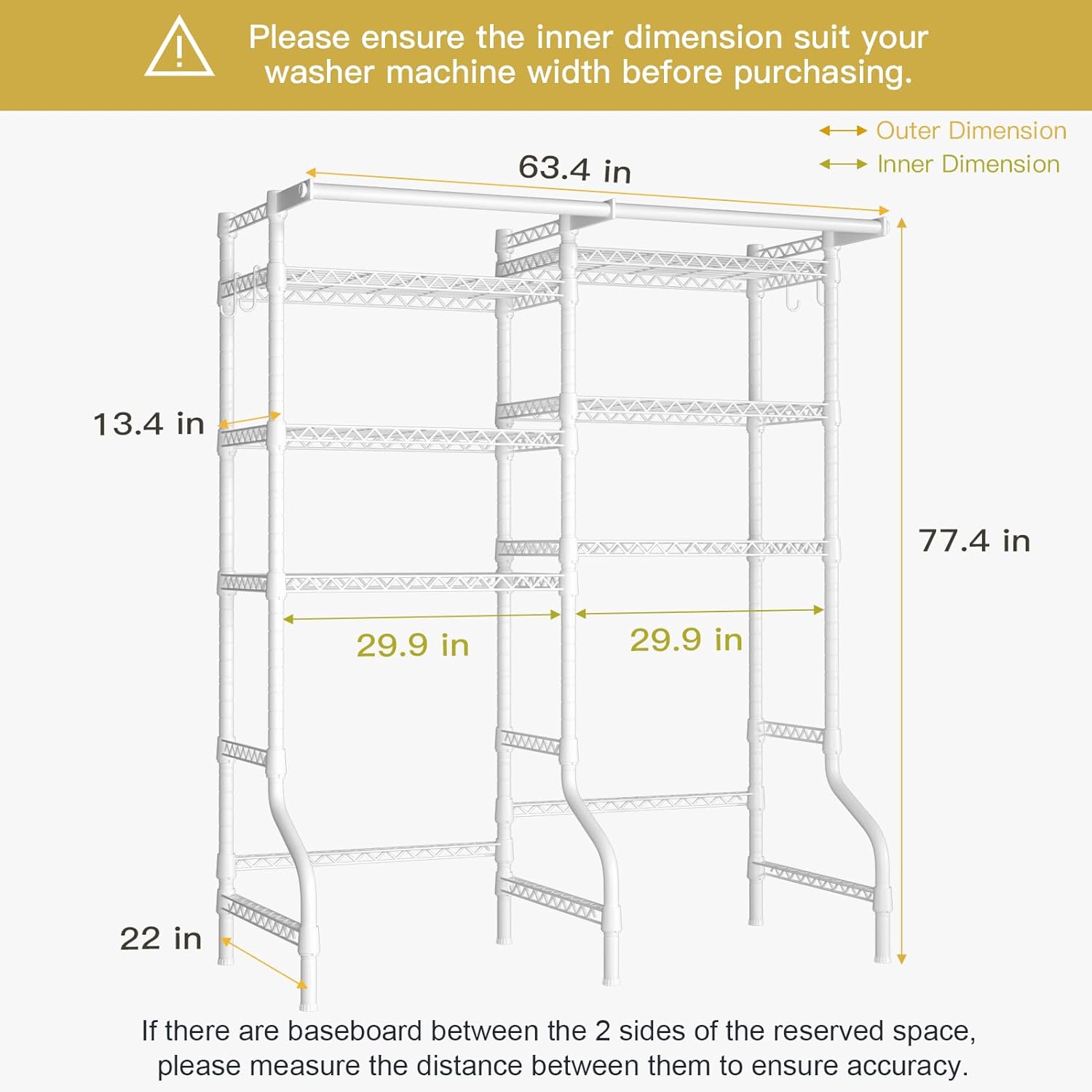 Ulif U13 Over Washer and Dryer Storage Shelves, 6 Tiers Laundry Room Standing Shelf with 2 Hanger Rods, Space Saver Clothes Drying Rack, 63.4' W x 22' D x 77.4' H, White