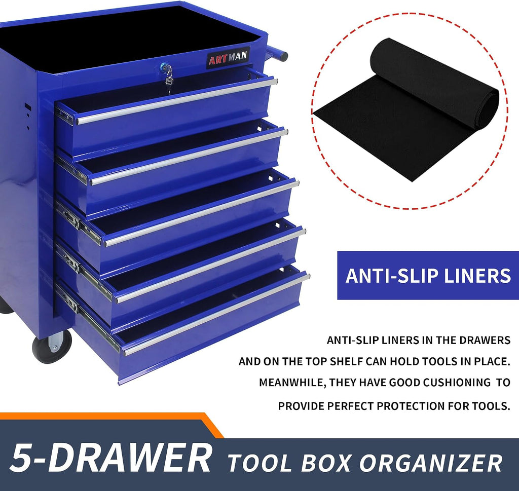 5 Drawers Rolling Tool Box，Tool Chest on Wheels, Lockable Tool Storage Cabinet Organizer Cabinet for Garage, Warehouse, Repair Shop, Workshop