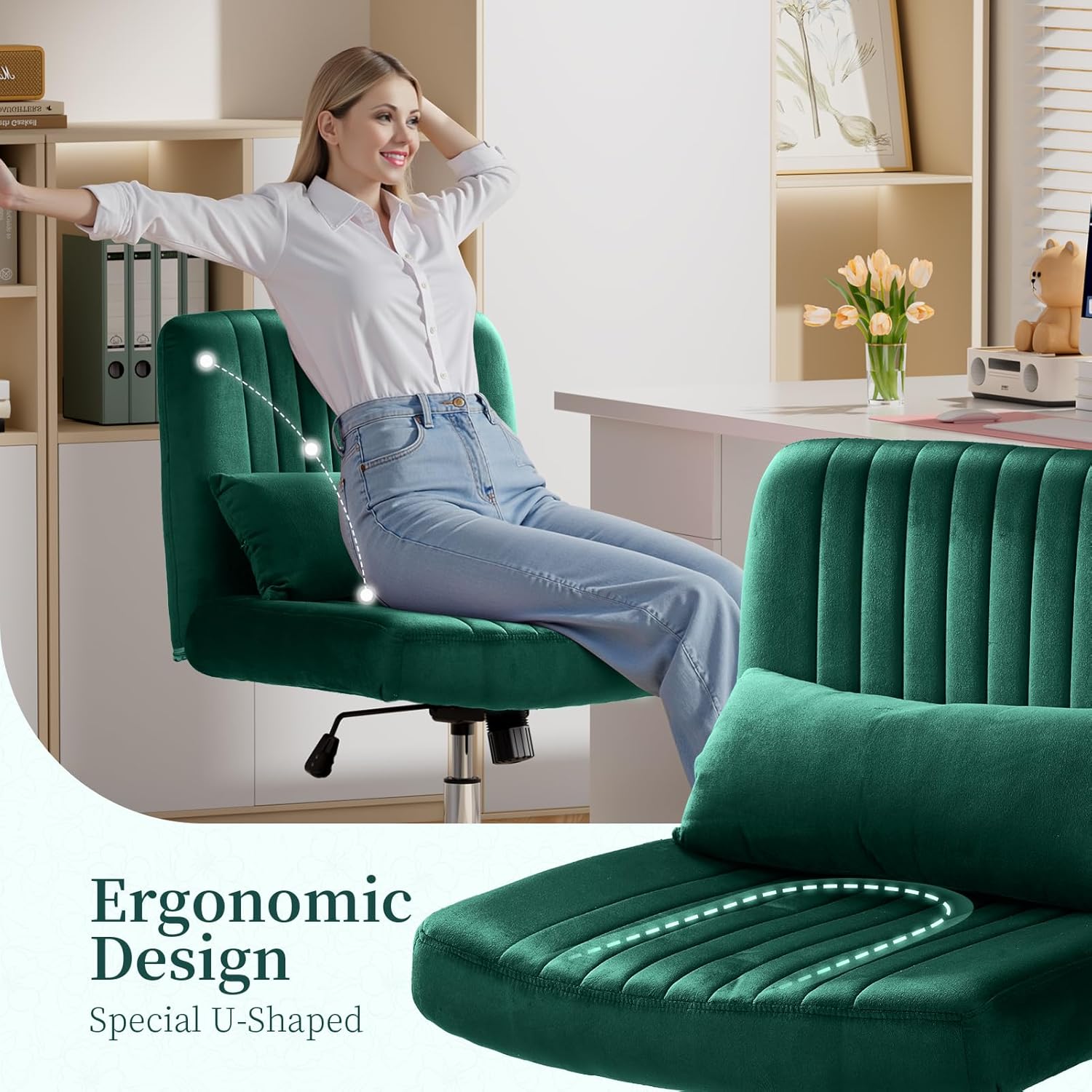 Warmiehomy Velvet Criss Cross Office Chair with Wheels, Luxury Cross Legged Desk Chair for Bedroom, Armless Wide Seat Computer Chair, Modern Vanity Chair, Gift for Teens & Girlfriend, Emerald Green