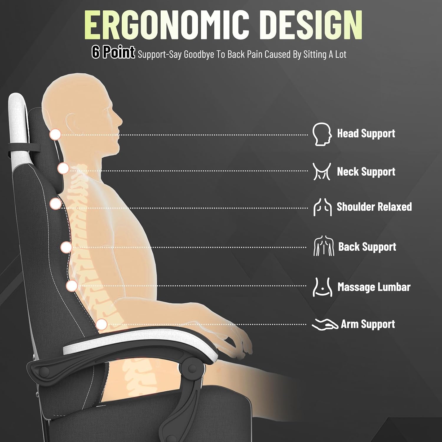 Ferghana Cotton Fabric Gaming Chair with Wider Seat Cushion, Diamond Double-Stitching Ergonomic High Back Game Chair with Footrest, Computer Chair with Massage Lumbar Support for Adult, Black/White