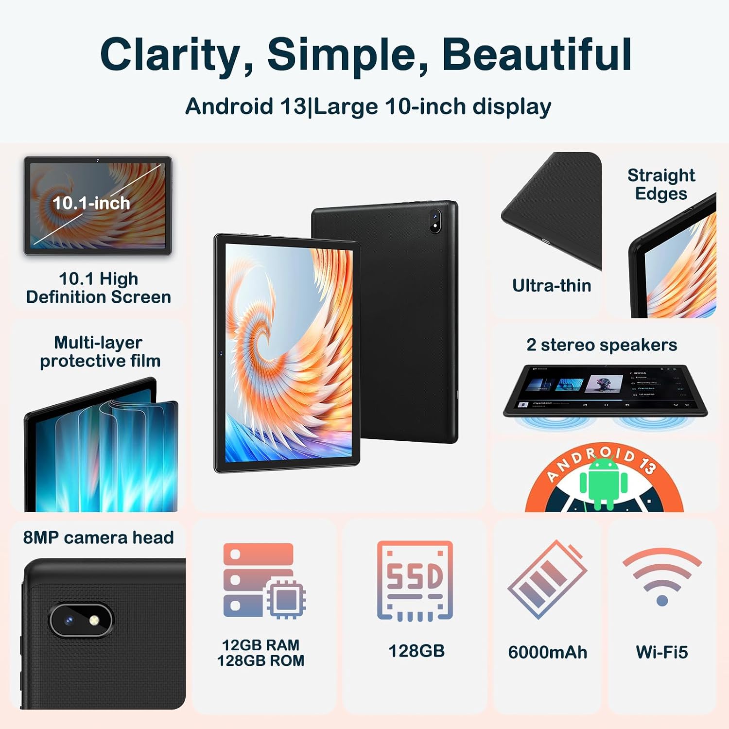 2024 Newest Tablet 10 Inch 12GB RAM+128GB ROM(1TB TF) Tablet Family/Tablet Kids, Andorid 13 GMS, WiFi 5G+2.4G, Cores 2.0Ghz, Bluetooth 5.0, 6000mAh, 8+5MP, Kids Space, Play Store, con EVA Case - Black