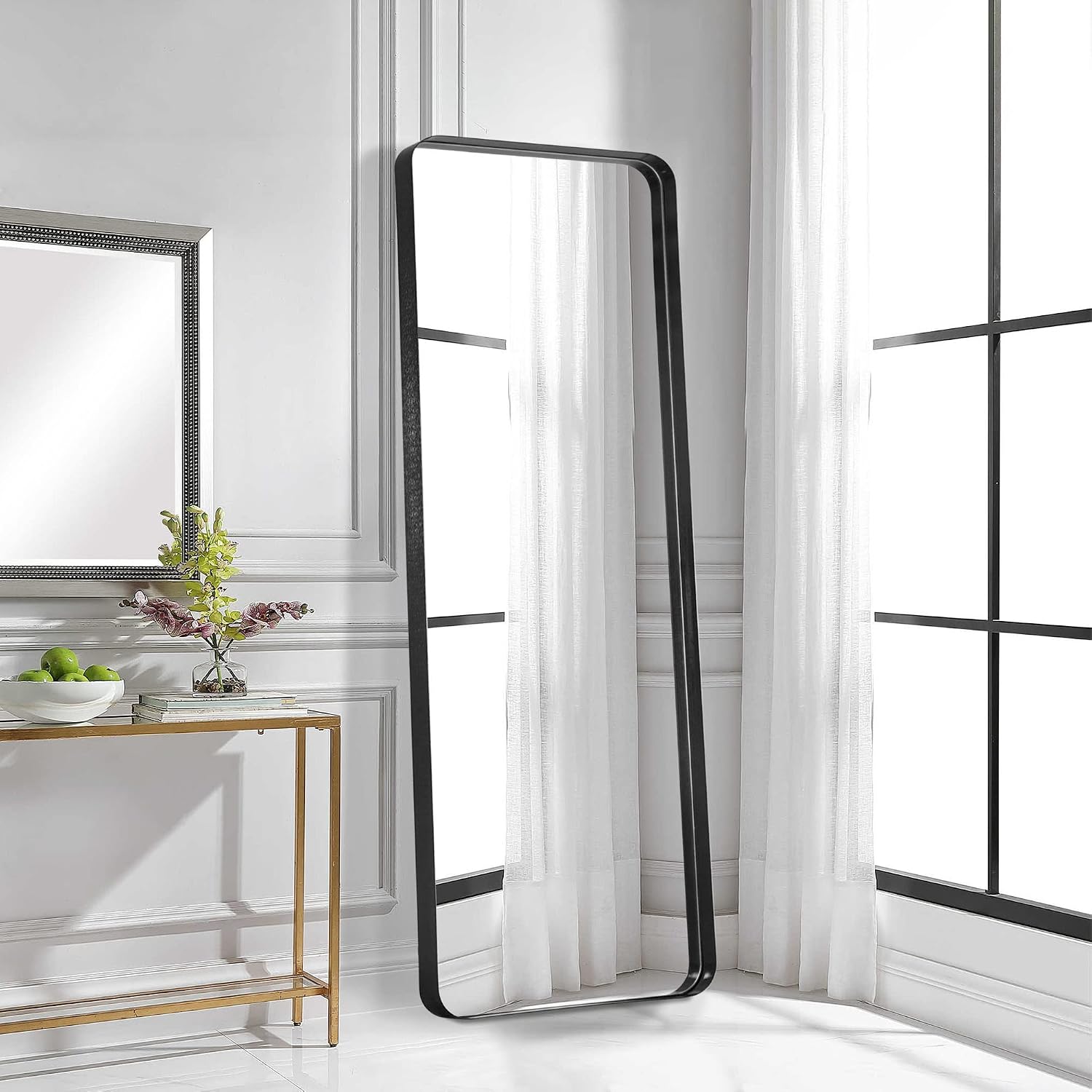 NeuType Full Length Mirror, 63'x20' Floor Mirror Full Body Dressing Mirror Round Corner, Hanging or Leaning Against Wall Large Rectangle Wall Mounted Deep Set Aluminum Alloy Frame for Bedroom, Black