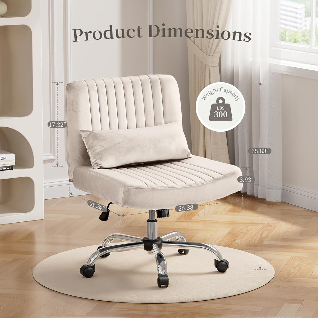 Velvet Office Chair, Luxury Criss Cross Chair with Wheels, Comfy Cross Legged Desk Chair for Home Office, Height Adjustable Vanity Chair, Wide Seat Computer Chair, Gift for Girlfriend, Cozy Beige
