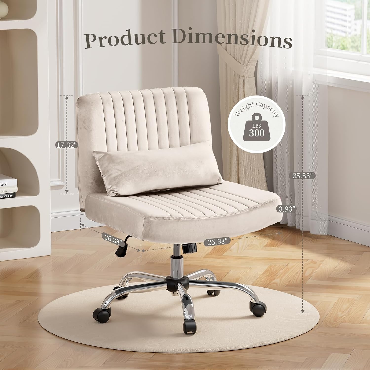 Velvet Office Chair, Luxury Criss Cross Chair with Wheels, Comfy Cross Legged Desk Chair for Home Office, Height Adjustable Vanity Chair, Wide Seat Computer Chair, Gift for Girlfriend, Cozy Beige