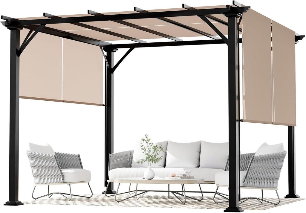 Joyside 10x10 Outdoor Pergola with Retractable Shade Canopy, Heavy-Duty Patio Metal Pergola with 4 Roller Shade Roof for Deck, Garden Use