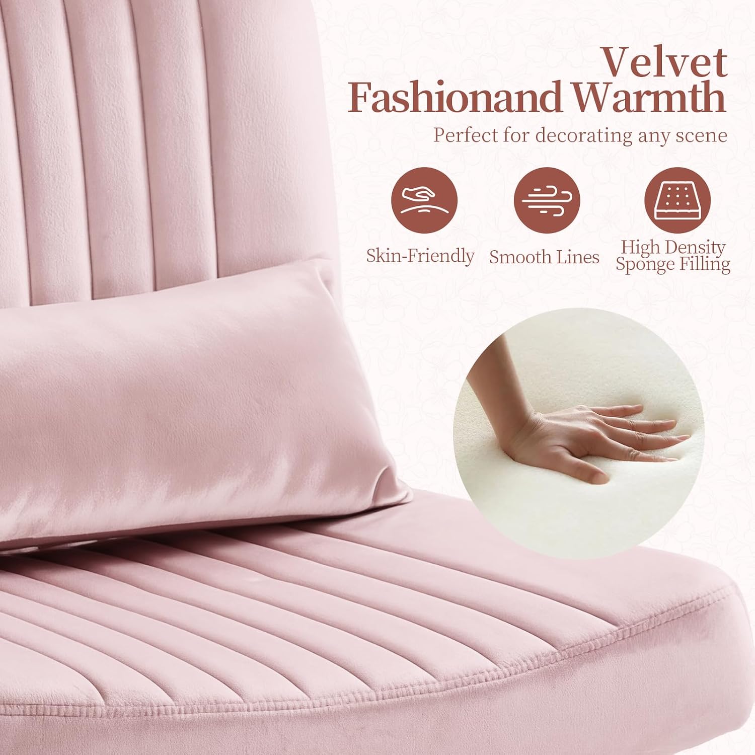 Velvet Criss Cross Chair with Wheels, Luxury Cross Legged Office Chair, Comfy Desk Chair for Home Office, Wide Seat Computer Chair, Armless Vanity Chair, Birthday Gift for Girls & Women, Blush Pink