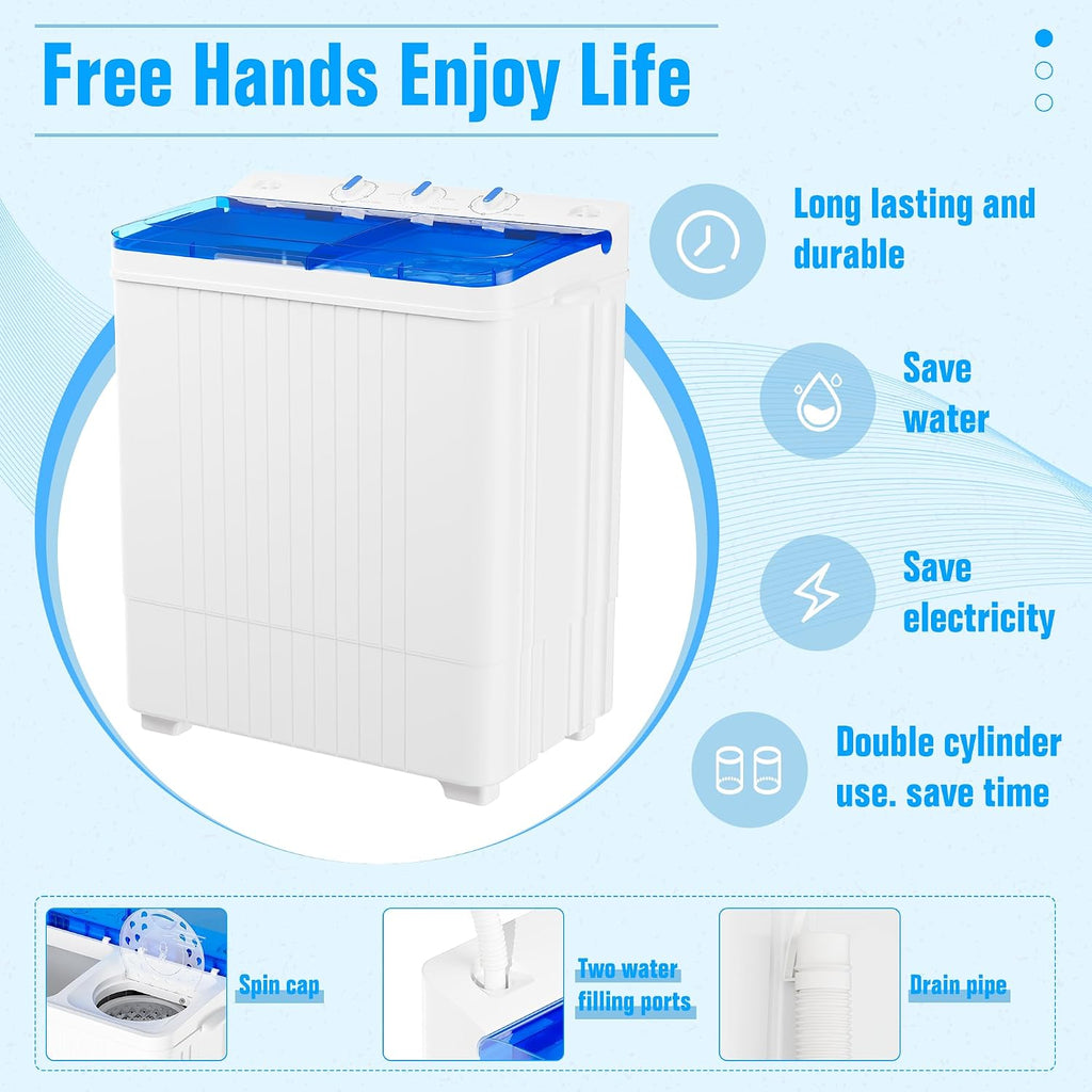 Superday Portable Washing Machine with Longer Hose, 28Lbs Compact Mini Washer and Dryer Combo,Twin Tub Washing Machine Laundry Compact Washer spinner Combo for Apartments RVs and Dorms(Blue)
