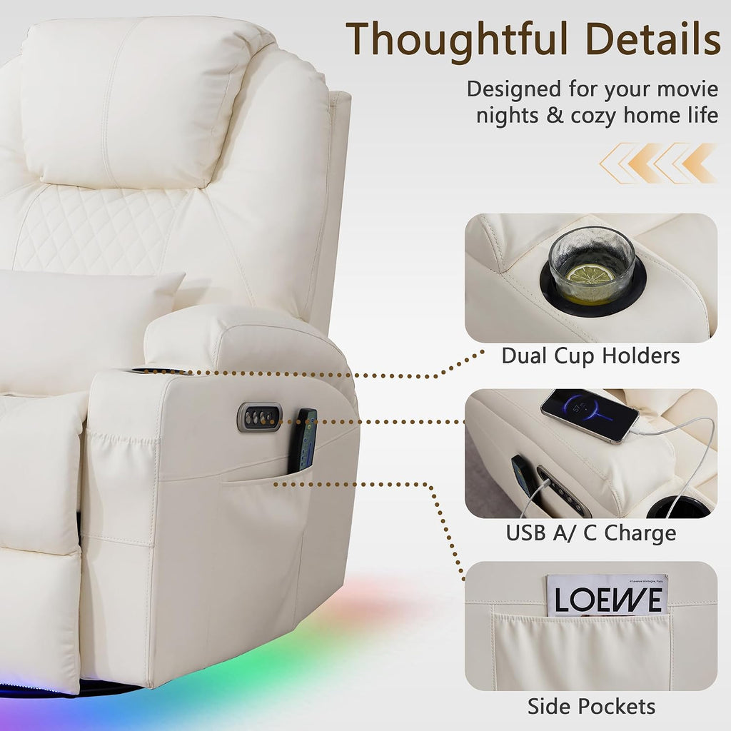 Dual Motor Power Swivel Rocker Recliner Chair with Heat and Massage,Electric Glider Rocking Chairs for Nursery,Theater Seating with LED Lights, USB A/USB C Ports for Living Room (1, Beige)