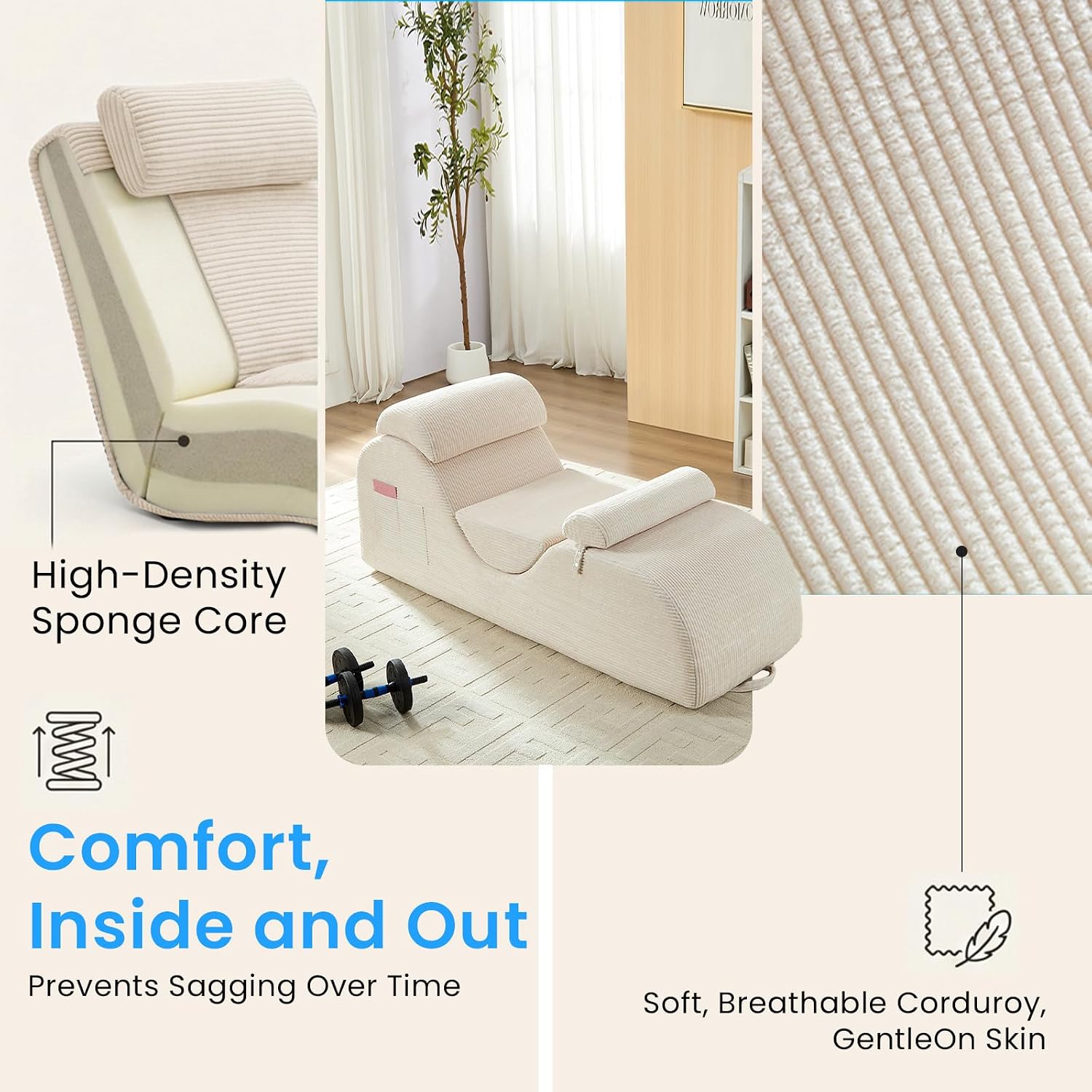 ijuicy 25' Wide Corduroy Yoga Chair, Ergonomic Stretch Chaise Lounge Chair Indoor, Reading Chair with Headrest, Waist Cushion, Movable Footrest, Side Pockets, High Density Sponge-Beige