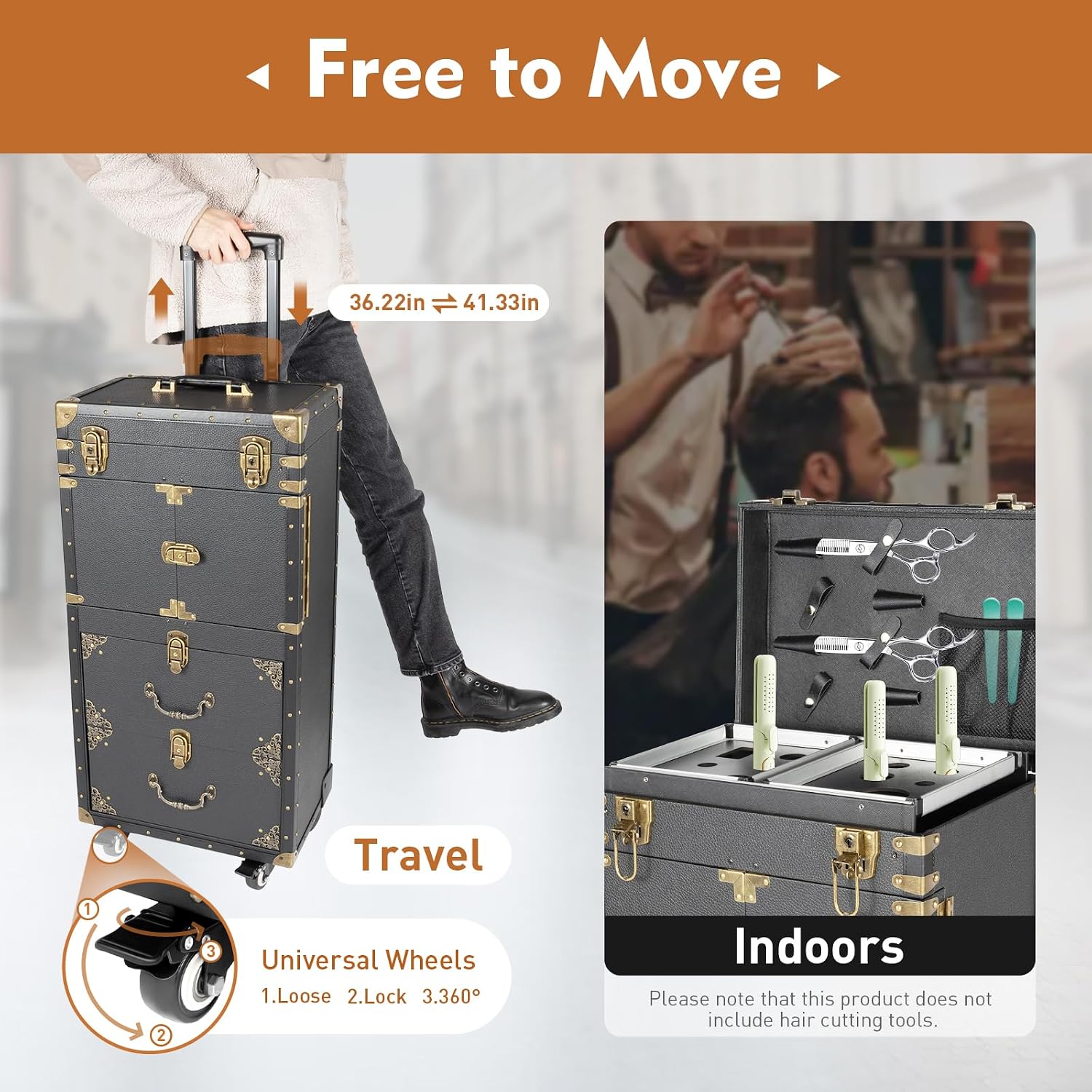Rolling Lockable Makeup Train Case, Cosmetology Case on Wheels Hairstylist Traveling Bag with Hairdryer Holder, Salon Storage Toolbox with Carry Handle and Trolley, 15.15*10*31.7in(Black)