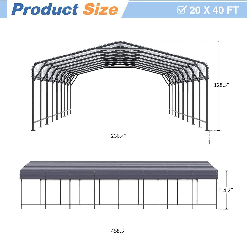 AirWire 20x40 FT Metal Carport, Heavy Duty Car Port Canopy with Reinforced Base and Galvanized Steel Roof & Frame, 2 Car Garage Shelter for Car, Boats and Trucks