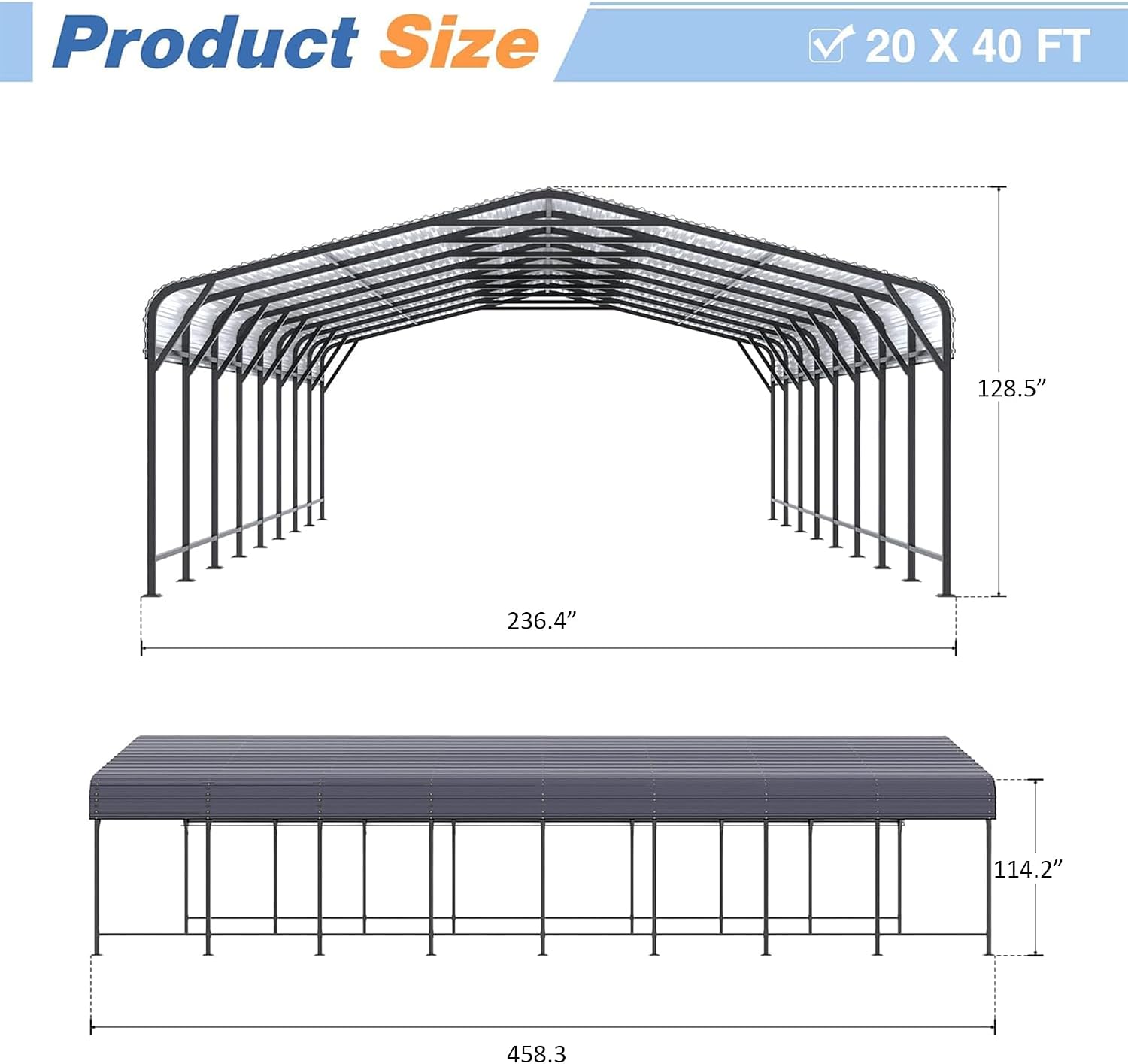 AirWire 20x40 FT Metal Carport, Heavy Duty Car Port Canopy with Reinforced Base and Galvanized Steel Roof & Frame, 2 Car Garage Shelter for Car, Boats and Trucks