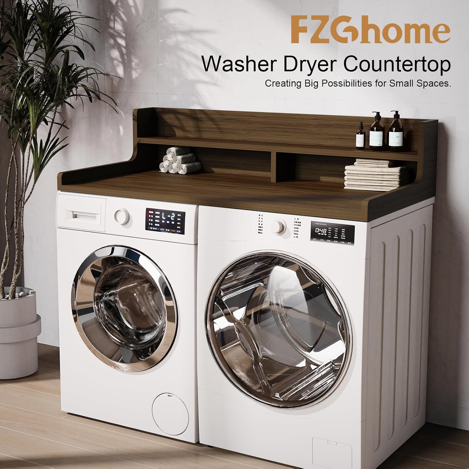 Washer Dryer Countertop, 54' x 27.55' 2-Tier Washer Dryer Topper with Edge, for Laundry Room Organization Walnut Brown