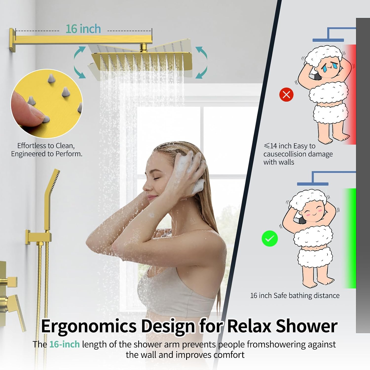 SR SUN RISE Shower Faucets Sets Complete Brushed Gold Square Rain Shower Head with Handheld Spray All Metal Shower Faucet Trim Repair Kits (Contain Shower Valve)