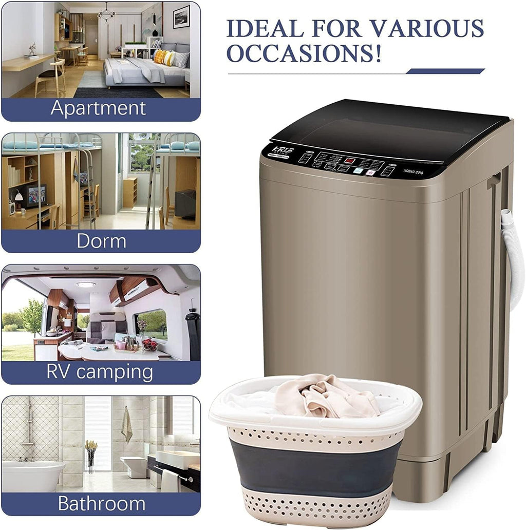 KRIB BLING Full-Automatic Washing Machine with Drain Pump, 17.7 lbs Compact Washer, 10 Wash Program & 8 Water Level, Ideal for Apartment, Dorm, RV, Gold (KB02-GOLD6)