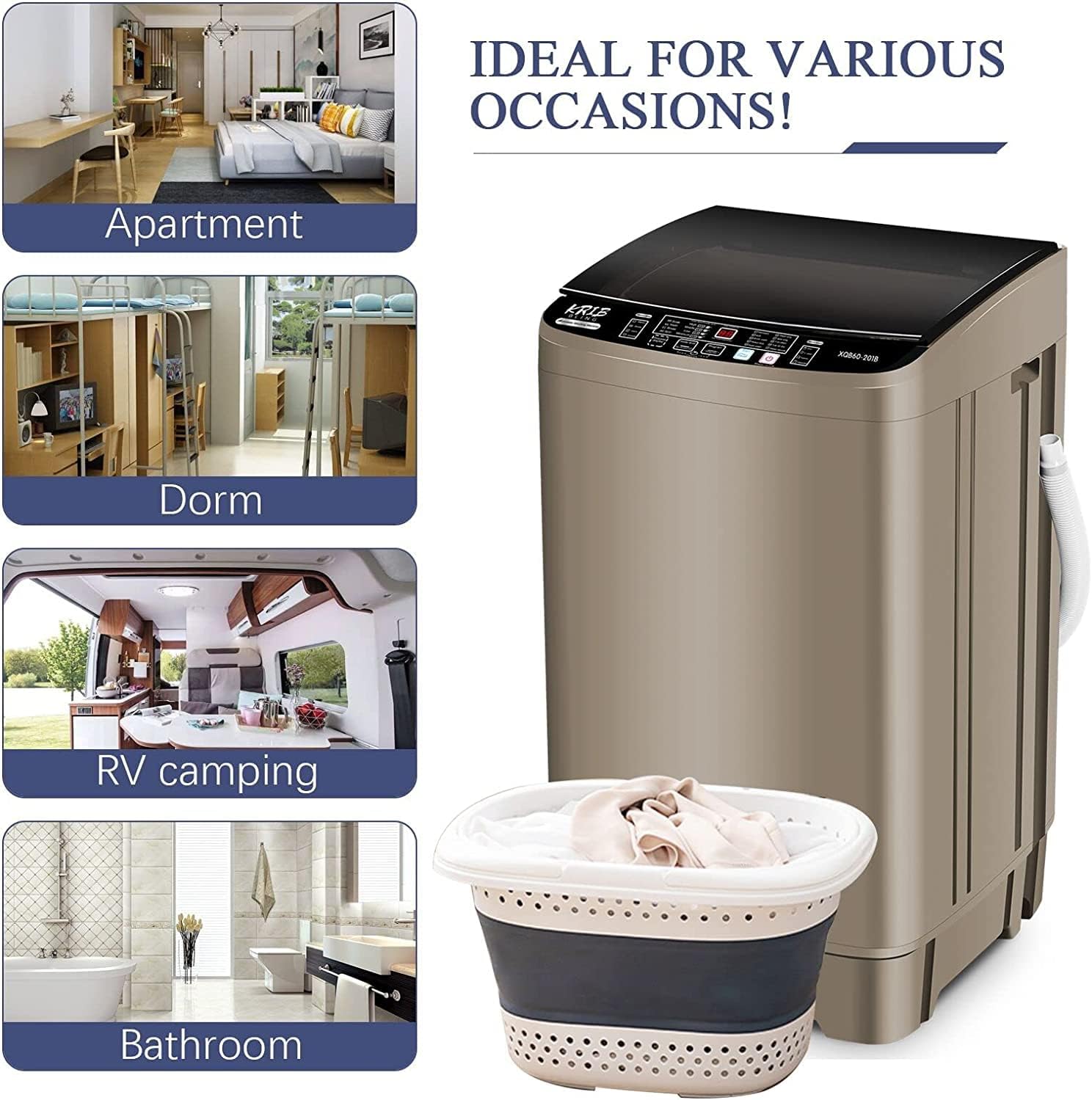KRIB BLING Full-Automatic Washing Machine with Drain Pump, 17.7 lbs Compact Washer, 10 Wash Program & 8 Water Level, Ideal for Apartment, Dorm, RV, Gold (KB02-GOLD6)