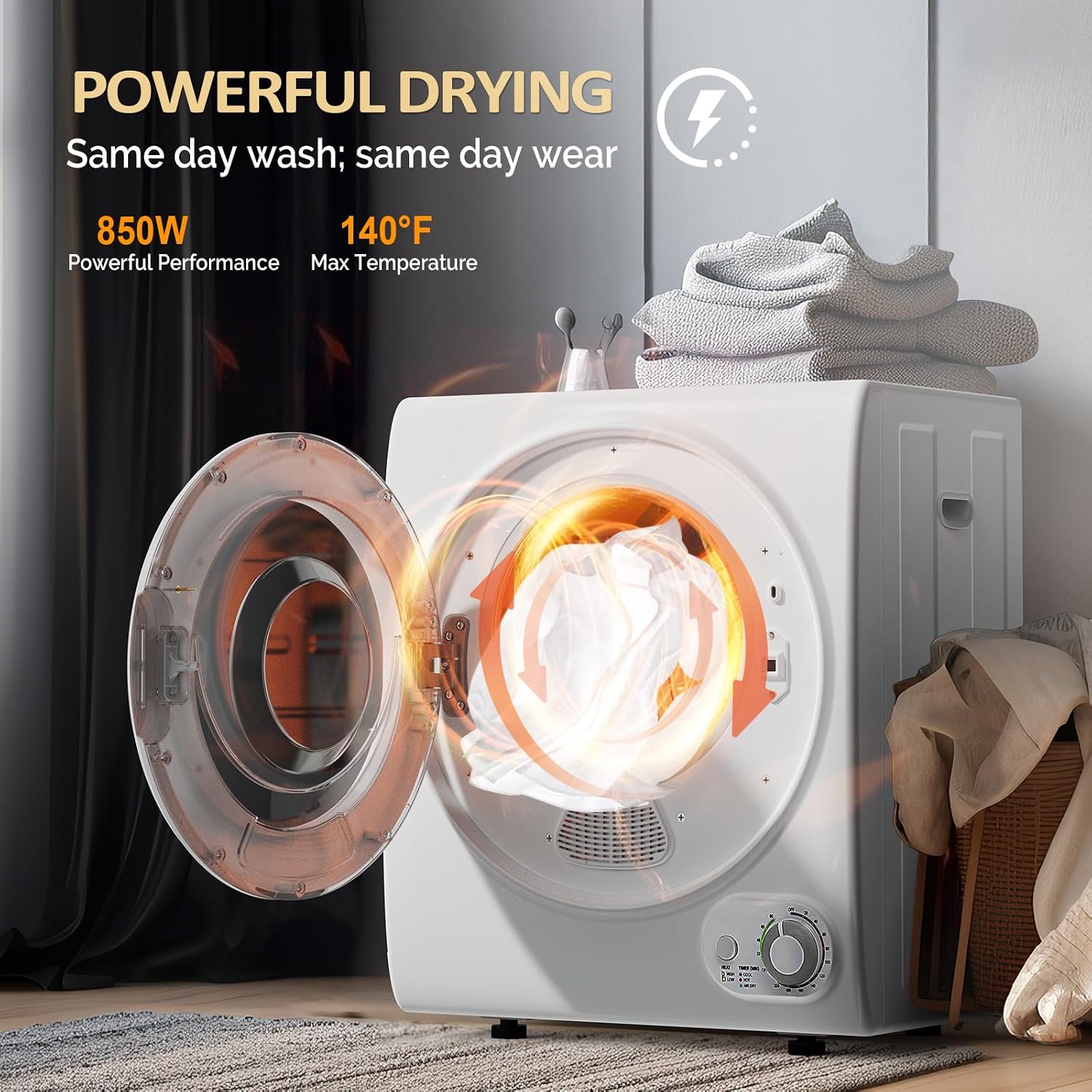 ROVSUN 110V Portable Clothes Dryer, High End Laundry Front Load Tumble Dryer Machine with Stainless Steel Tub & Simple Control Knob for Apartment, Dorm-850W, White