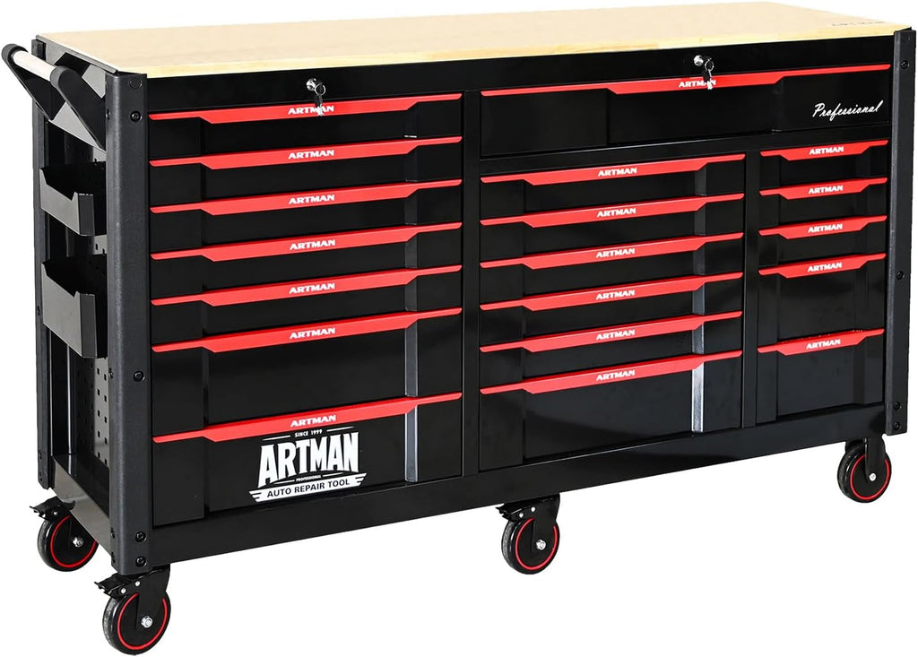 66' Rolling Tool Chest with 19 Drawers Large Mobile Workbench Heavy Duty Tool Cart on Wheels Work Bench Mechanic Toolbox Lockable Storage Cabinet for Garage, Workshop, Warehouse, Laboratory, Wood Top