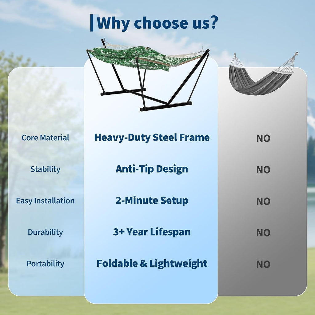 GarveeHome Portable 2 Person Double Hammock with Sturdy Heavy-Duty Steel Stand – 450LBS Max Load, Quick & Effortless Assembly, Perfect for Indoor Living, Yard, Patio & Camping Trips