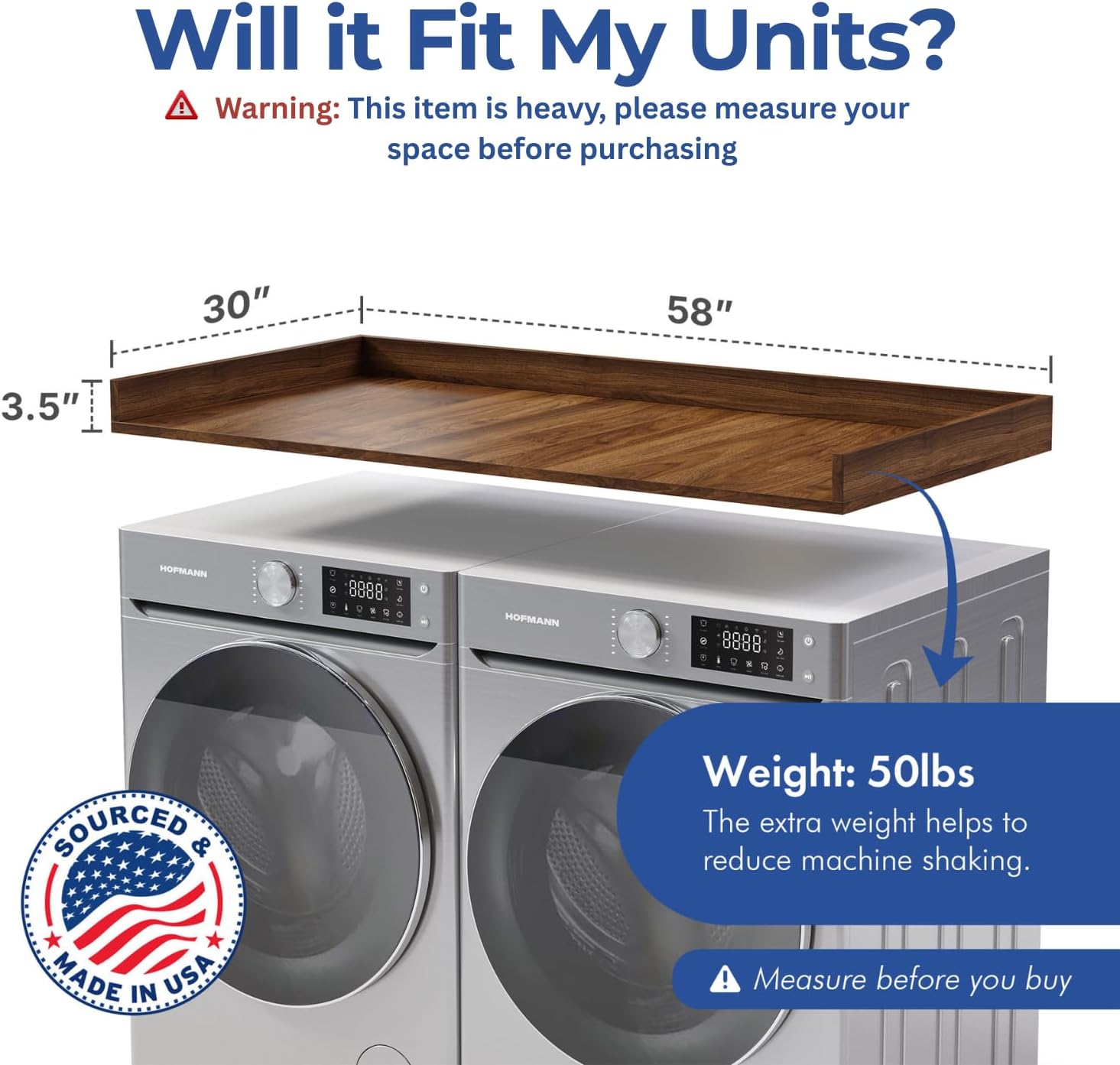 OfficeSimpli Washer Dryer Countertop, Made in USA, Non-Slip Pads, Laundry Room Wood Topper, Washer Dryer Cover for Top, Laundry Countertop, Laminate Finish (California Walnut, Extra Large (30' x 58'))