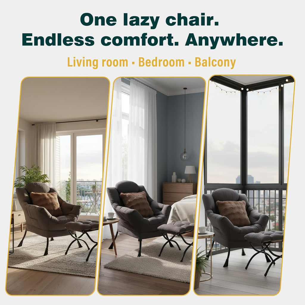 Lazy Chair with Ottoman, Large Accent Chair with Ottoman and a Throw Pillow, Shadow Grey Reading Chair for Living Room Bedroom Dorm Room Office Apartment Relaxing Use
