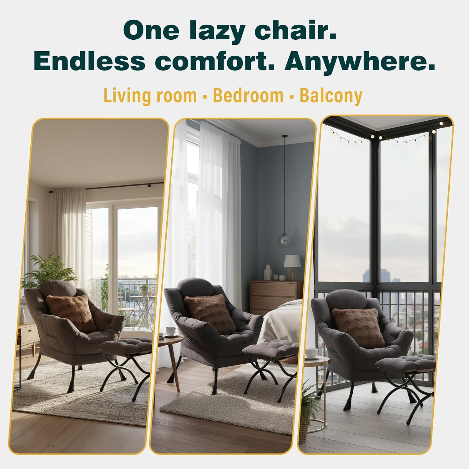 Lazy Chair with Ottoman, Large Accent Chair with Ottoman and a Throw Pillow, Shadow Grey Reading Chair for Living Room Bedroom Dorm Room Office Apartment Relaxing Use
