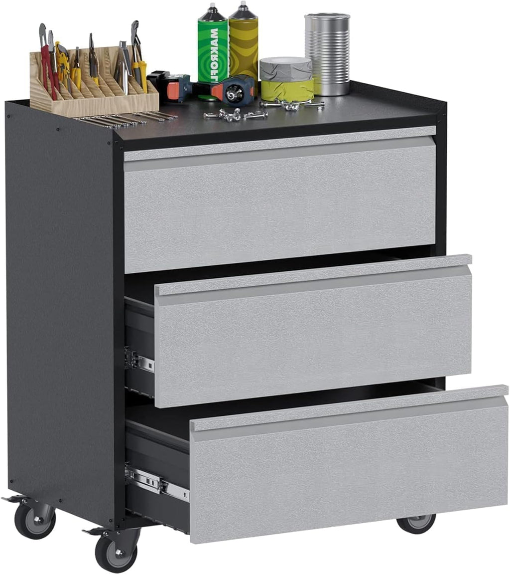 Metal Storage Cabinet with 3 Drawers on Wheels, 35.4' H Workbench Mobile Tool Chests Garage Cabinets for Garage, Workshop, Home, Office, Shop, Warehouse, Black+Grey