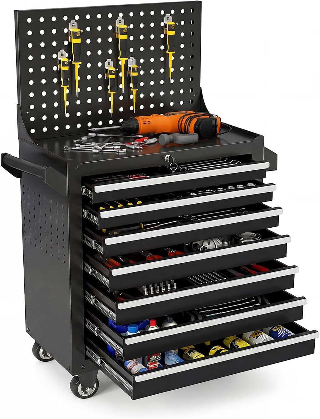 Rolling Tool Chest with Wheels, 7 Drawers Tool Storage Cabinet, Portable Metal Tool Box Organizer with Lock, Tool Cart on Wheels Toolbox Workbench for Garage, Workshop, Warehouse(Required Assembly)