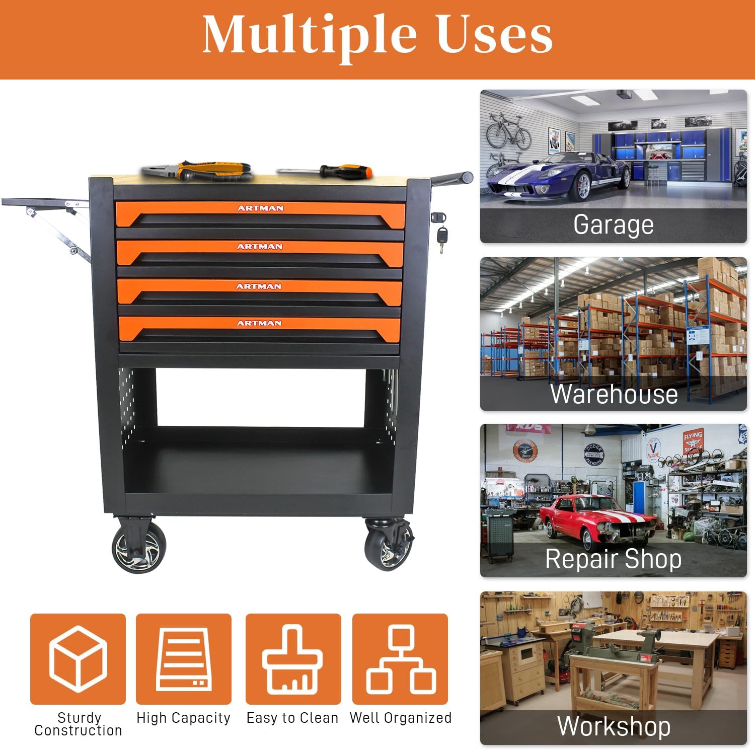 Rolling Tool Cart with 4-Drawer Wood Top Utility Tool Chest on Wheels Mechanic Tool Storage Organizer Cabinet for Garage, Warehouse, Workshop, Repair Shop (Orange)