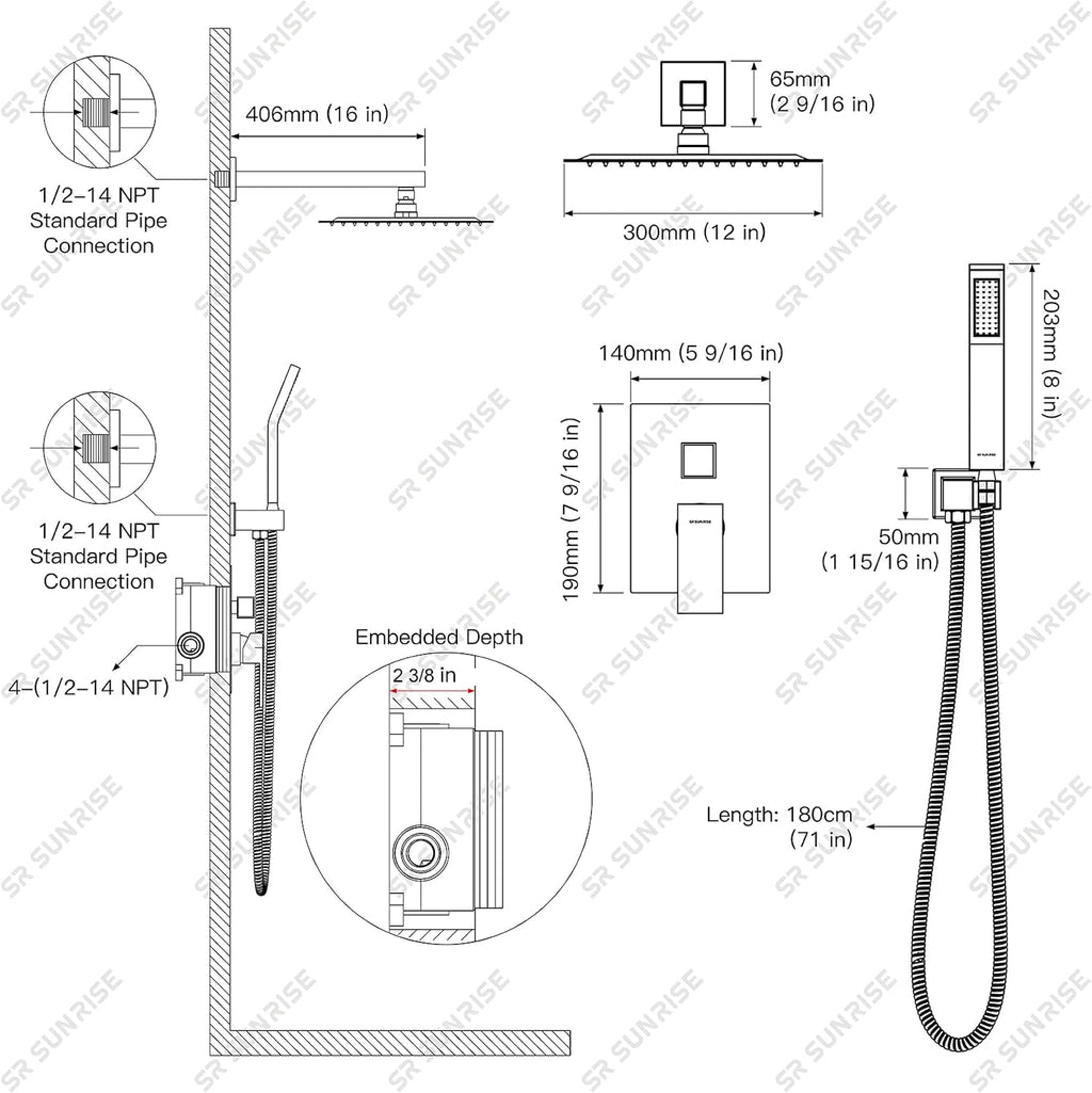 SR SUN RISE 12 Inches Matte Black Shower System 12 Inch Brass Bathroom Luxury Rain Mixer Shower Combo Set Wall Mounted Rainfall Shower Head System Shower Faucet Rough-in Valve Body and Trim Included