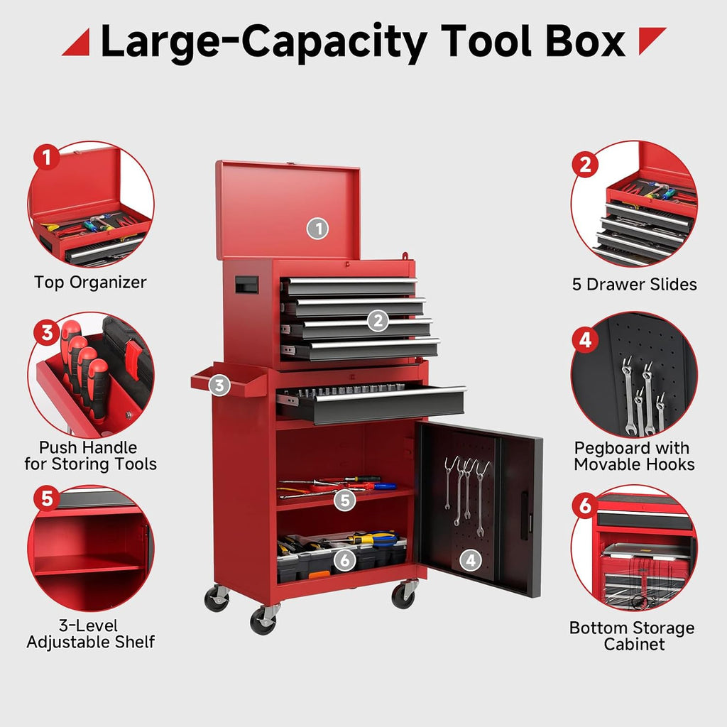 Rovibek Tool Chest, 5-Drawer Metal Tool Box with Wheels, Rolling Tool Chest with Foam Packaging, Lockable Wheels, Detachable Top Tool Box, Tool Storage Cabinet for Garage Workshop Warehouse, Pure Red