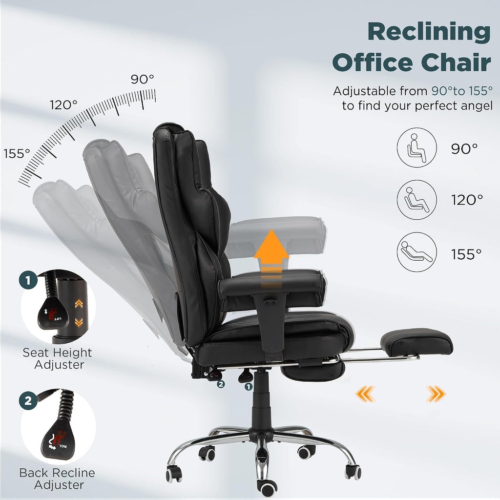 HOMREST Ergonomic Executive Office Chair with 6-Point Vibration & Heat - Reclining Managerial Chair with Adjustable Footrest and Armrests,Big and Tall Leather Home Office Desk Chairs(Black)