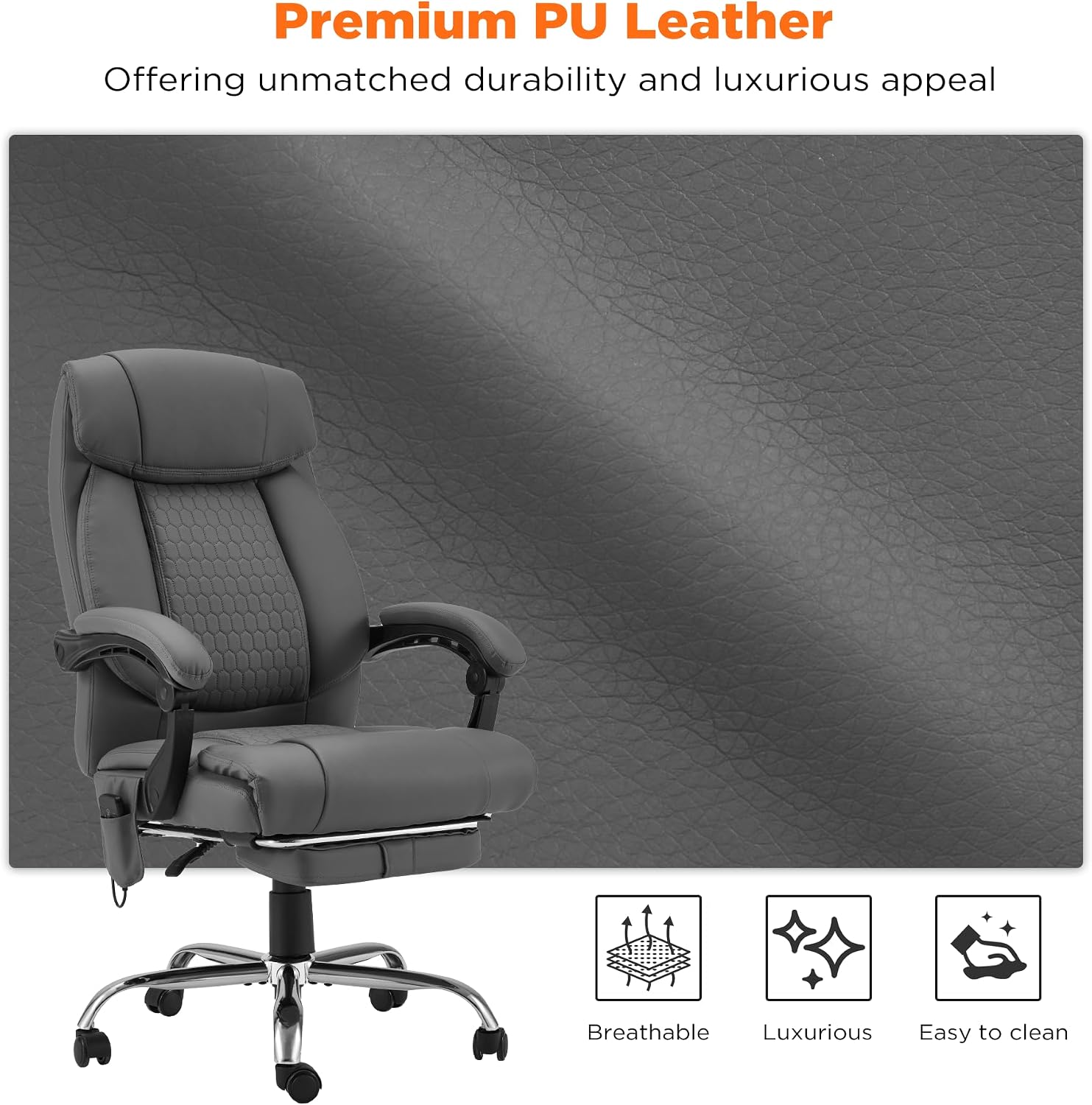 HOMREST 4-Point Massage Office Chair with Heating and Footrest, Reclining Executive Leather Desk Chair, Ergonomic Heated Managerial Chair for Home Office, Grey