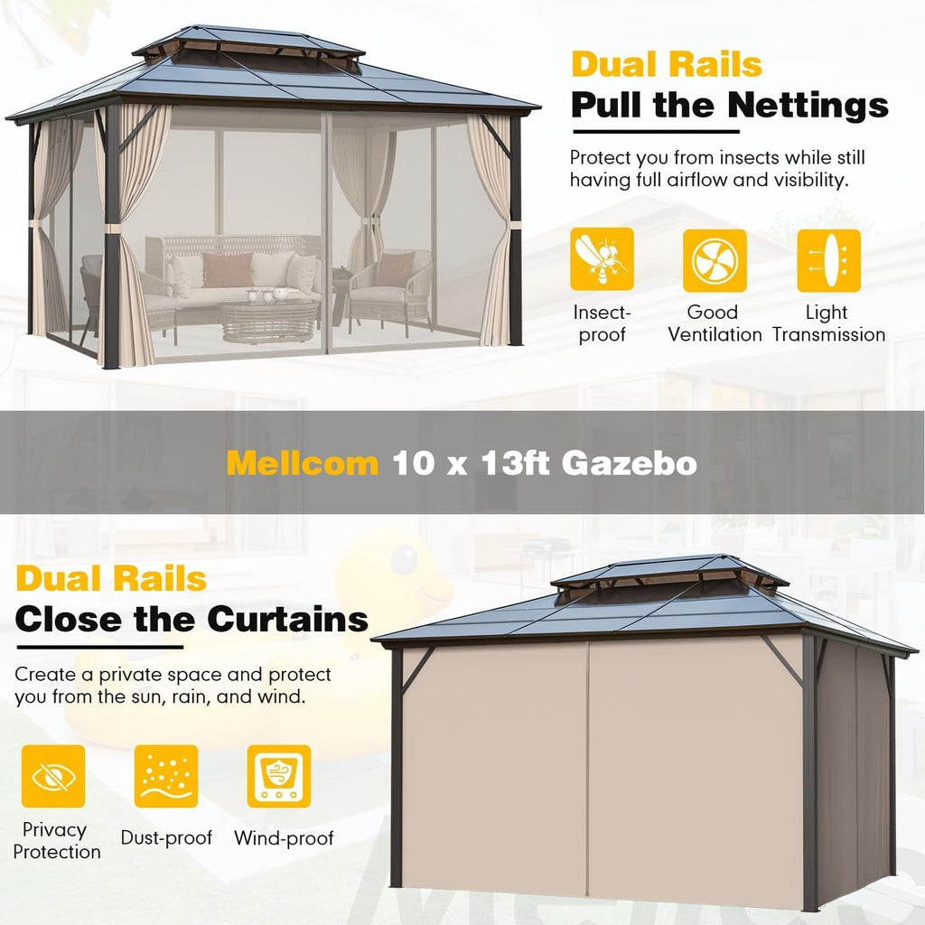 MELLCOM 10 x 13ft Hardtop Gazebo, Polycarbonate Double Roof Aluminum Gazebo, Outdoor Waterproof Canopy with Netting and Curtains for Backyard, Deck, Patio
