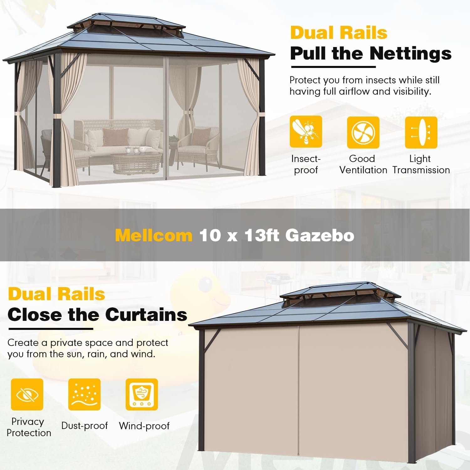 MELLCOM 10 x 13ft Hardtop Gazebo, Polycarbonate Double Roof Aluminum Gazebo, Outdoor Waterproof Canopy with Netting and Curtains for Backyard, Deck, Patio