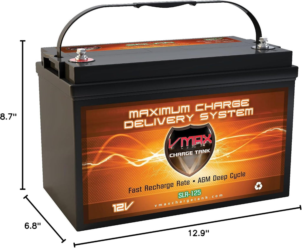 VMAXSLR125 AGM deep cycle 12V 125AH battery for Use with gas or electric power backup generator or smart charger for off grid power systems
