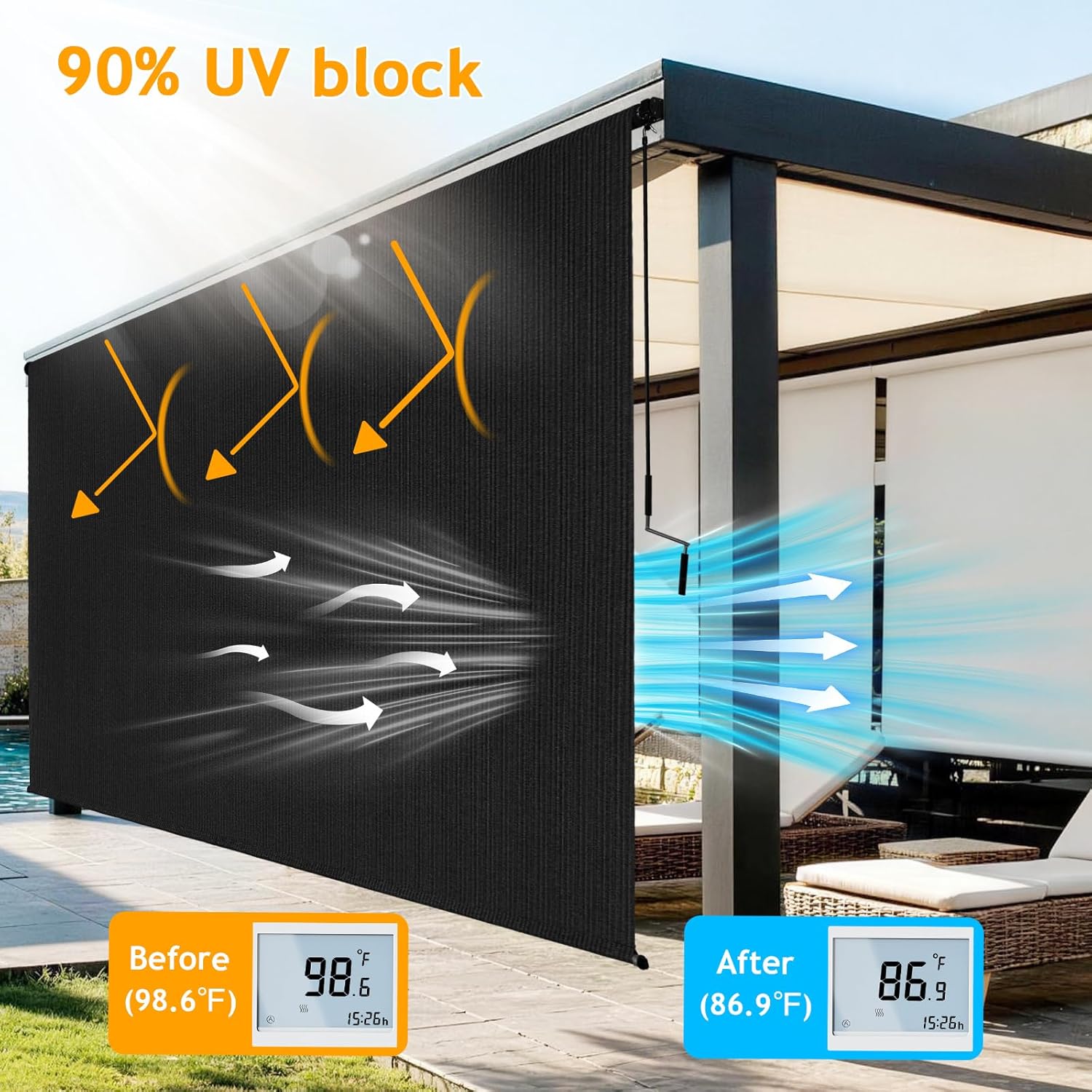 10'W x 8'H Black Outdoor Roller Shade with Crank Wand Patio Shades Roll up, Privacy Protection & UV Blocking for Pergola | Gazebo