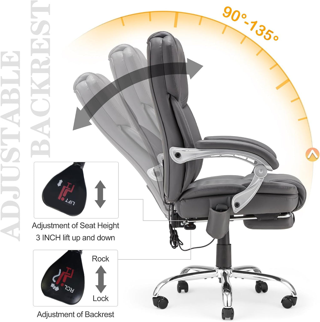 HOMREST 6-Point Massage Office Chair with Heat, Executive Office Chair with Footrest, Leather Computer Desk Chair with 135°Reclining Backrest for Home Office, Grey