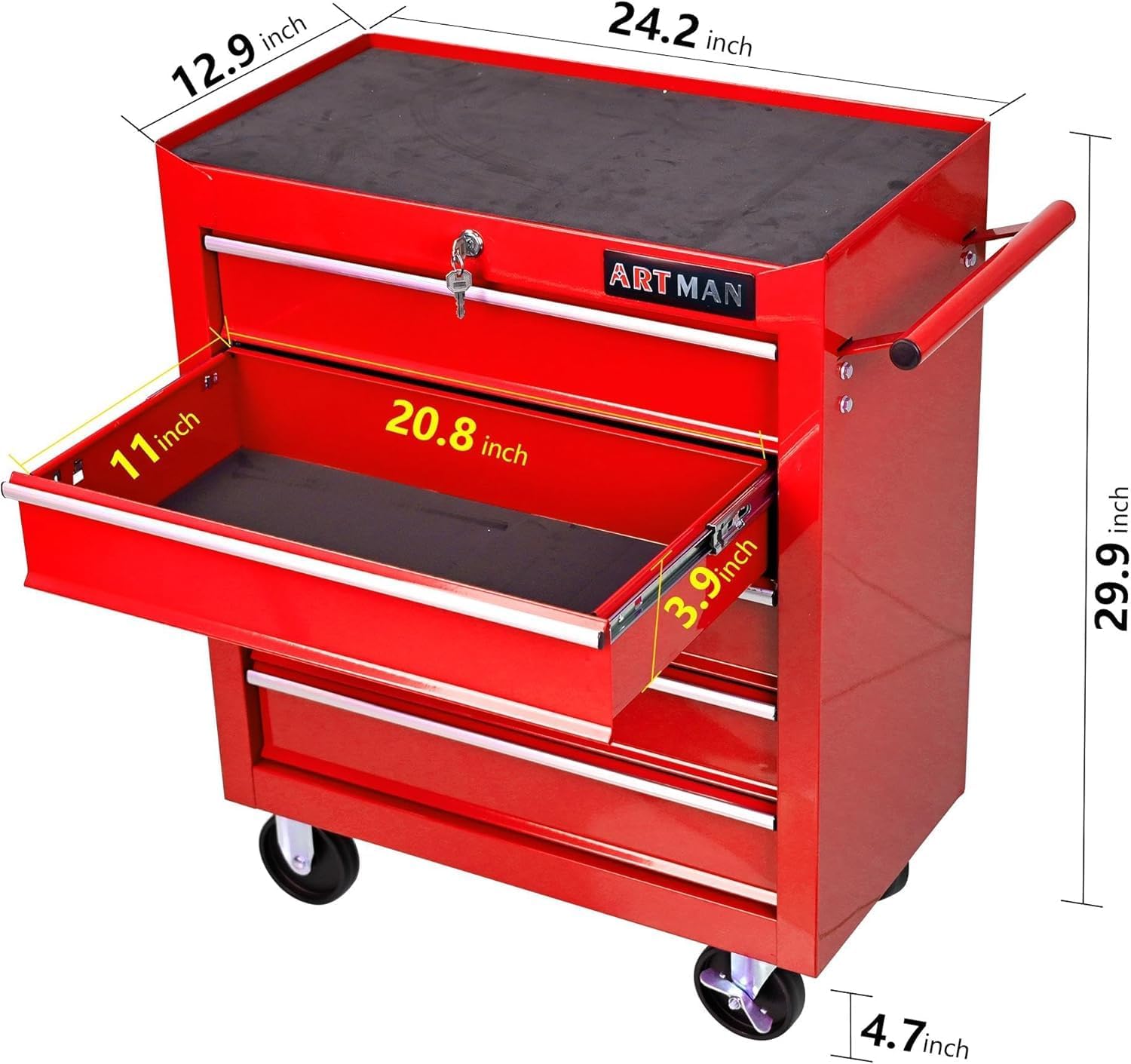 5 Large Drawers Rolling Tool Cart on Wheels, Trolley Organizer Tool Case Tool Chest, Multifunctional Tool Storage Tool Box for Workshop, Garage, Warehouse RED