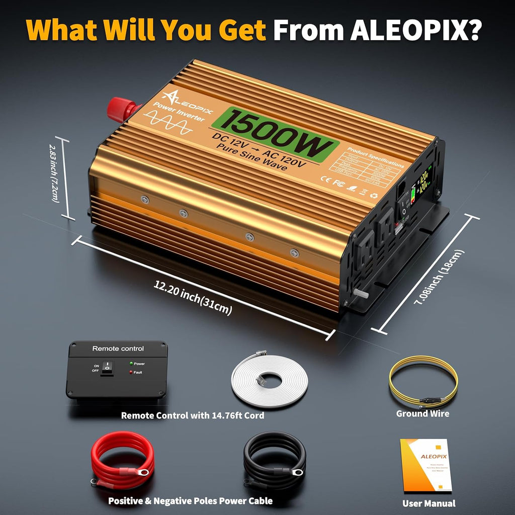 1500 Watt Inverter 12V DC to 110V/120V AC, Pure Sine Wave Inverter for Truck/RV/Home/Solar/Off-Grid, Surge 3000W Pure Sine Power with 2 AC Sockets, 5V 3.4A USB, Digital Display, Remote Controller